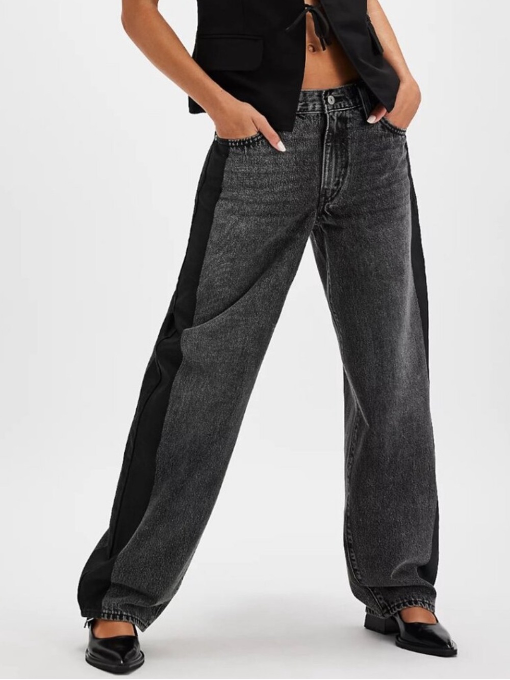 Baggy Dad Two Tone Charcoal Black Wide Leg Jeans - Size 27 - Picture 1 of 14